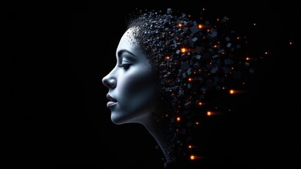 Digital Woman's Profile with Abstract Cubes and Glowing Particles on Dark Background
