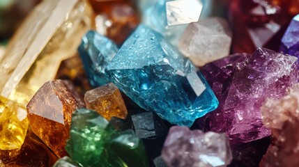 Close up of colorful crystal collection with  various shapes, sizes, and textures.