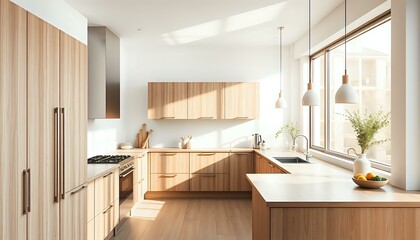 Modern Spacious Kitchen with Wooden Cabinets, Plants & White Appliances - 16:9