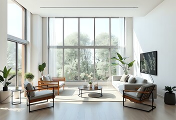 Fototapeta premium Modern Minimalist Living Room with Large Window & Leather Couches