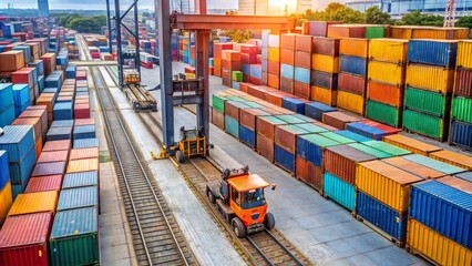 Aerial view forklift handling container loading to container train in terminal commercial port or container cargo warehouse for business logistics, import-export, shipping, or freight transportation © Fardin Ahmed
