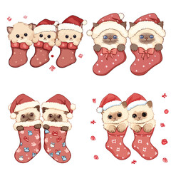 Set Of Christmas Kitten Gift Vector Illustrations