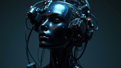 Cybernetic Female with Neural Connections and Futuristic Blue Lighting in Sci-Fi Environment
