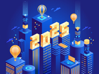 2025 Happy New Year. New innovative ideas. Digital technologies. Isometric technology for new year holiday posters and banners. Vector illustration with trendy geometric elements