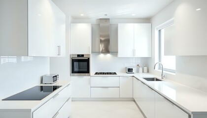 Modern Minimalist Kitchen with White Cabinets, Stainless Steel Sink, Coffee Maker & Toaster Oven