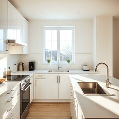 Fototapeta premium Modern Minimalist Kitchen with City View & Wooden Cabinets