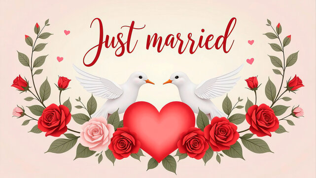 Wedding announcement with doves, Just married gentle banner