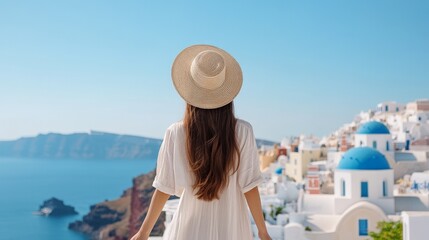 Obraz premium Asian woman with long hair; wearing a flowy dress and a straw hat