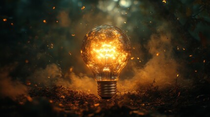 Glowing light bulb in a dark forest with smoke and particles.