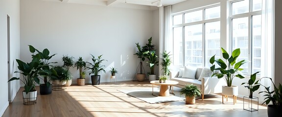 Inviting Living Room with Plants and Natural Light in White Modern Space