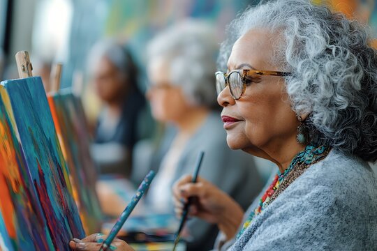 Older adults painting in art class