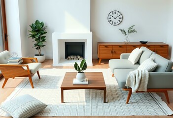 Inviting Living Room with White Fireplace & Greenery