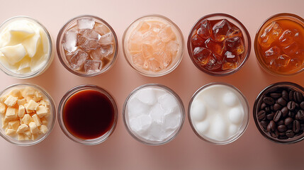 Frappe Ingredients Collage, a collage of ice, milk, coffee, and syrups, with copy space, National Frappe Day