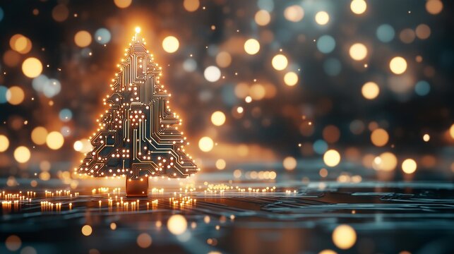 Luminous Christmas tree in futuristic design with LED lights. High tech christmas tree with circuit parts and blurred bokeh lights in the background, combining technology and holiday themes