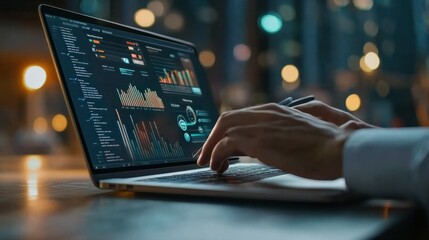 Businessman using laptop computer with digital marketing data report on the screen. Generated AI
