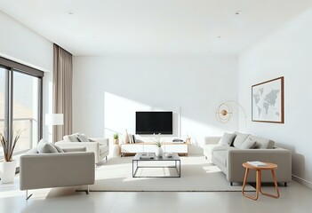 Modern Minimalist Living Room with Gray Carpet & White Walls | Daylight Apartment Interior