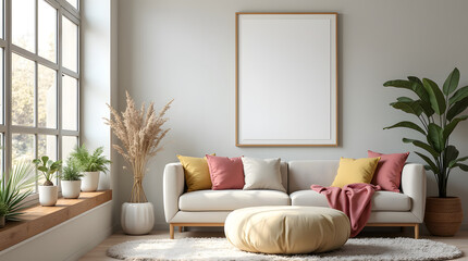 Stylish living room with a round ottoman, fresh floral arrangements, and colorful decor, creating a lively yet cozy atmosphere. Home decor and mock up poster frame