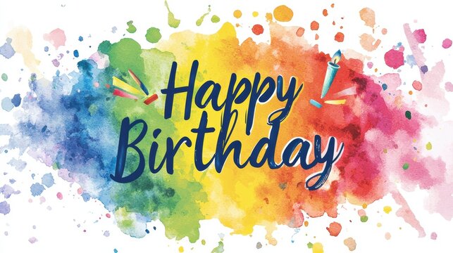 Vibrant Happy Birthday Card with Rainbow Watercolor and Hand-Lettered Script Design for Celebrations
