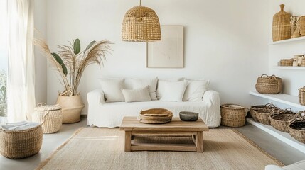Scandinavian-style living room, soft neutral tones, comfortable fabric sofa, natural wood coffee table, woven baskets, large rug, minimalist wall art, open and bright, warm lighting