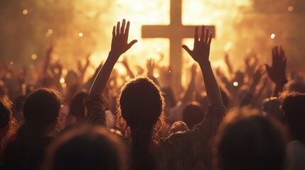 Christian worshipers raising hands up in the air in front of the cross