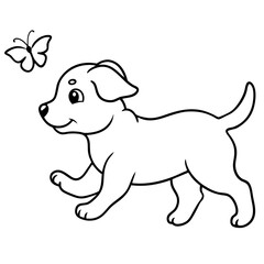 Puppy chasing butterflies Silhouette vector art illustration