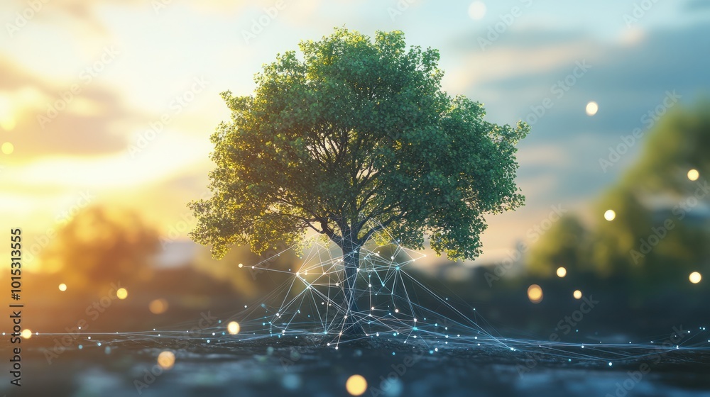 Poster climate change networking concept with tree and network lines.