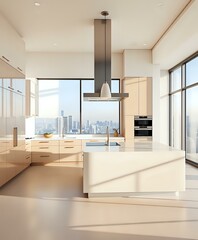 Fototapeta premium Modern Minimalist Kitchen with Marble Island & City View