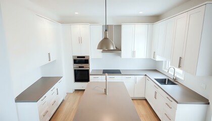 Fototapeta premium Modern White Kitchen with Island and Stainless Steel Appliances - Daylight Interior Design