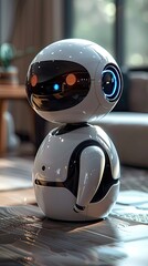 Fototapeta premium Smart robotic assistant at home, futuristic help in the living room. cooking,cleaning. Technology. White human-like robot. Daytime, futuristic, lifestyle. Home helper