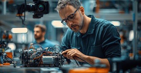 Dedicated engineer focused on developing an electric motor in a high-tech lab environment