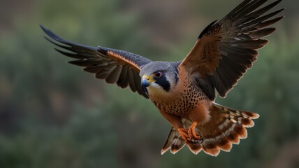 Fototapeta premium A kestrel in mid-flight, wings spread wide, with a blurred green background.