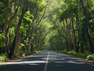 Obraz premium Nature’s Corridor: A Highway Cutting Through a Lush, Dense Forest