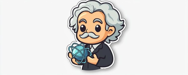 Cute cartoon illustration of scientist holding an atom, featuring playful depiction of science icon with whimsical charm and creativity.