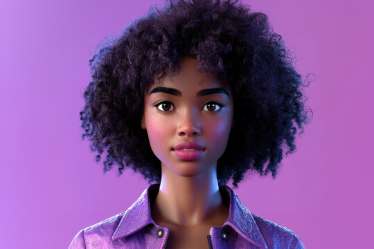 avatar of a young woman with afro hair is posing in front of a vibrant purple background