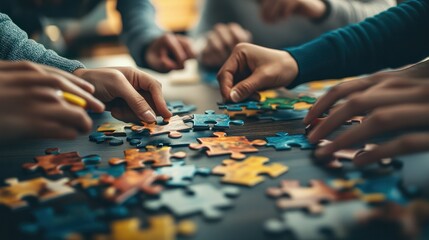 Company employees playing game and joining pieces of jigsaw puzzle during team building activity