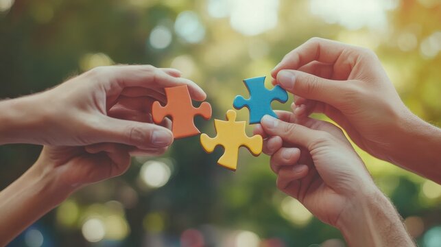 Company employees playing game and joining pieces of jigsaw puzzle during team building activity