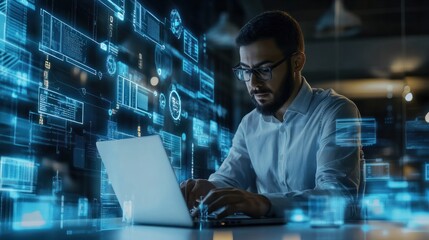 Computer engineer working on laptop computer with server room data center big data storage as backgrounds digital technology database IT support telecommunication internet network tech : Generative A