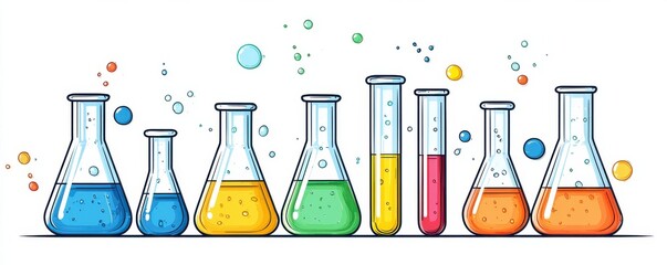 Colorful clip art of beakers and test tubes with vibrant liquid and floating bubbles illustrating chemistry and science concepts