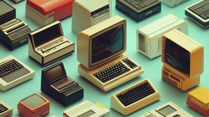 Vintage computers collection on vibrant background embracing retro technology for cyber monday concept