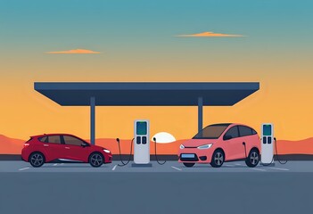 Sleek Pink & Vibrant Red Cars at Gas Station, Sunset Background - Refueling Scene