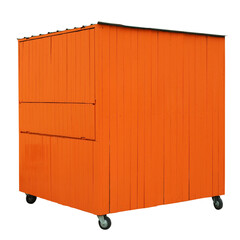Wooden orange shed stall market stand on wheels or boards counter isolated on white background. Object made of wood for selling stock