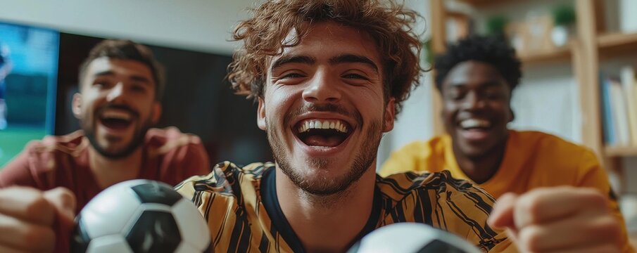 Three enthusiastic men of different ages celebrating while watching a soccer game on TV at home - Powered by Adobe