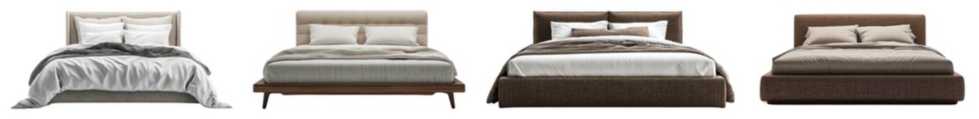 Modern upholstered bed with a matching bedding set, centered on a transparent background.