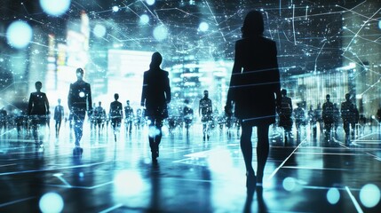 Corporate professionals in action, overlaid with a futuristic digital network interface