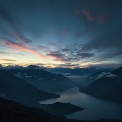 Obraz premium Breathtaking Sunset Over Mountainous Lake Scene