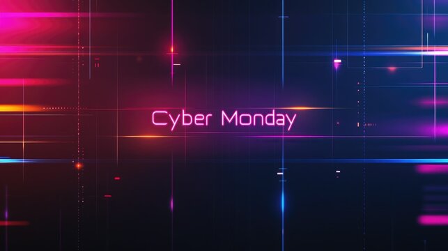 Neon cyber monday sale background with futuristic digital glitch and colorful light effects concept