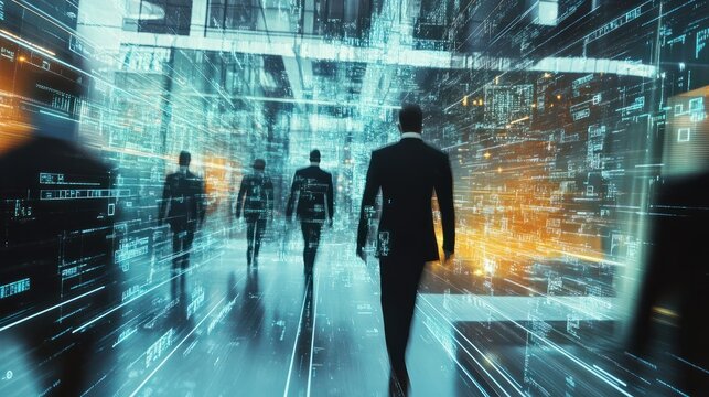 Corporate professionals in action, overlaid with a futuristic digital network interface - Powered by Adobe