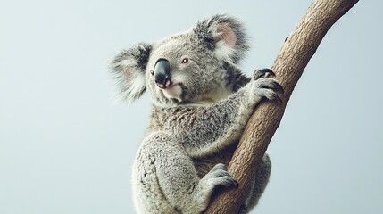 Obraz premium A koala perched atop a tree limb, with a turned head and wide-open eyes