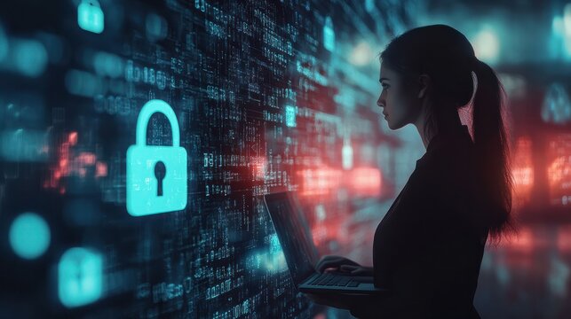 Cyber security network. Data protection concept. Businesswoman using laptop computer with digital padlock on internet technology networking with cloud computing and data management, cybersecurity