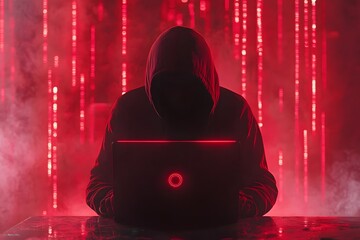 A mysterious figure in a hood sits in front of a laptop with digital red light effects suggesting cyber security or hacking themes